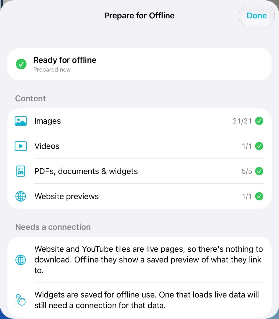 Prepare for Offline: Ready for offline, with images, videos, PDFs, and website previews all checked.