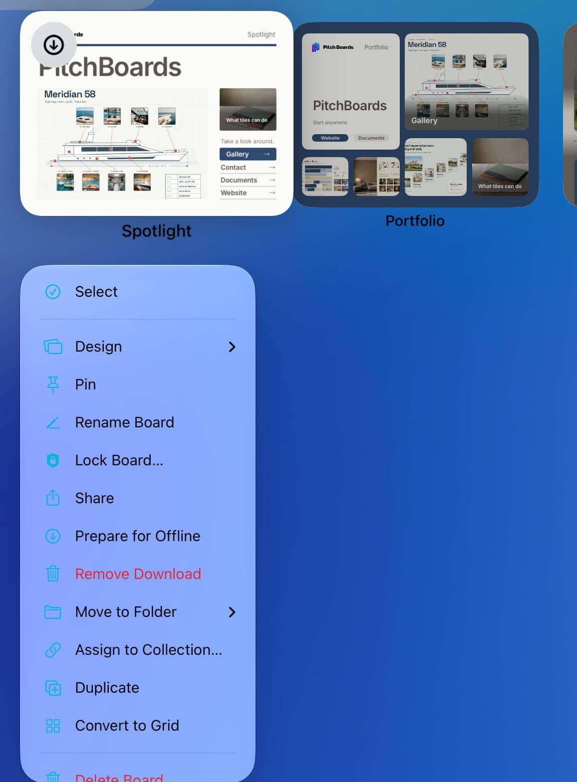 The board's menu with Prepare for Offline and Remove Download.
