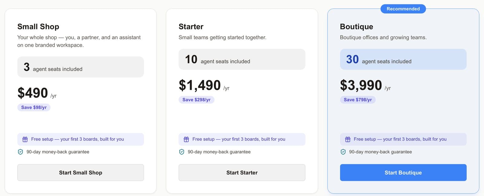 Organization plan cards on pitchboards.io showing seats and yearly prices.