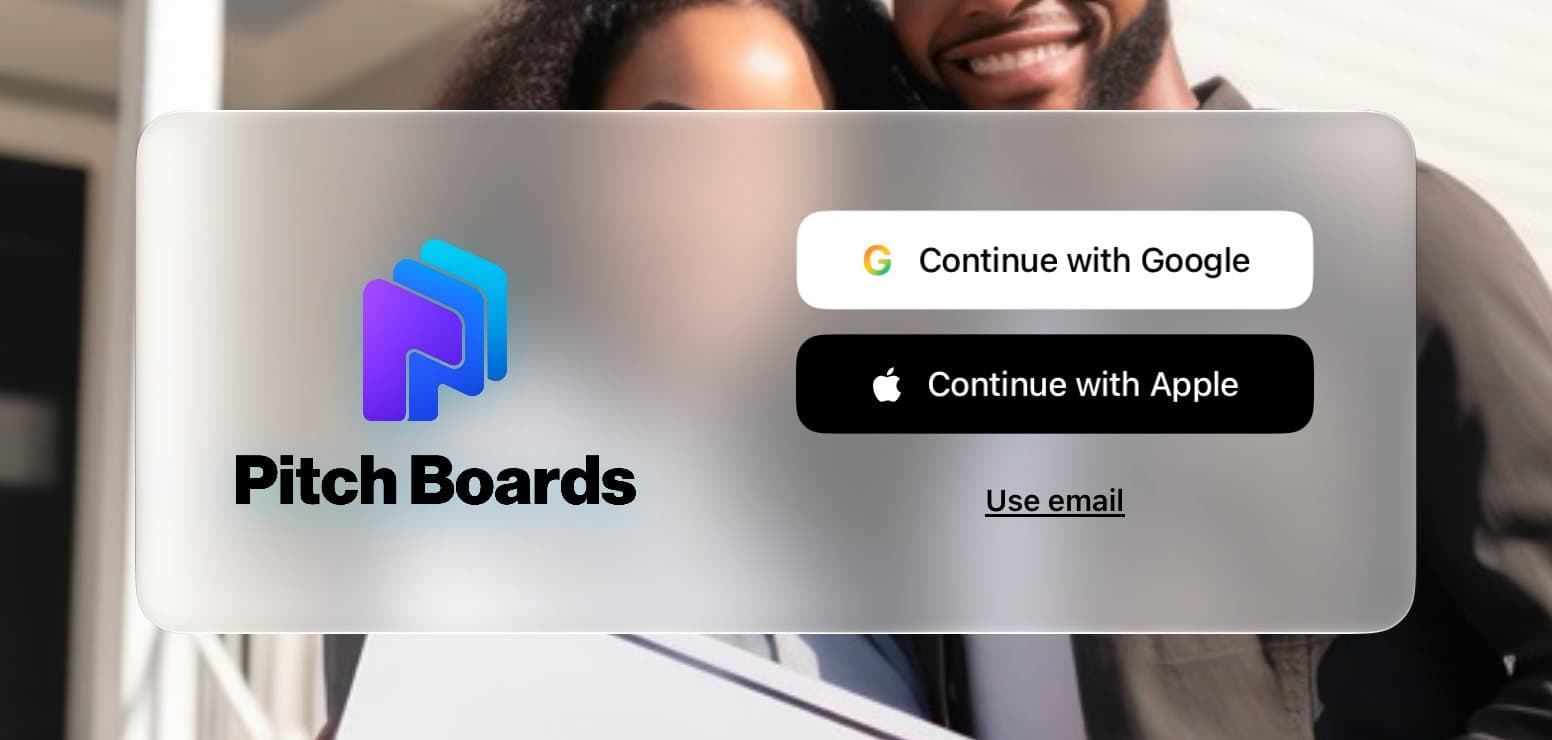 The PitchBoards sign-in choices: Google, Apple, or email.