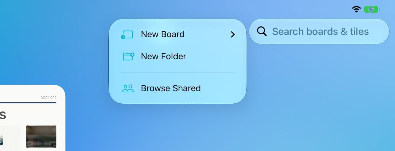 The + menu with New Board, New Folder, and Browse Shared.