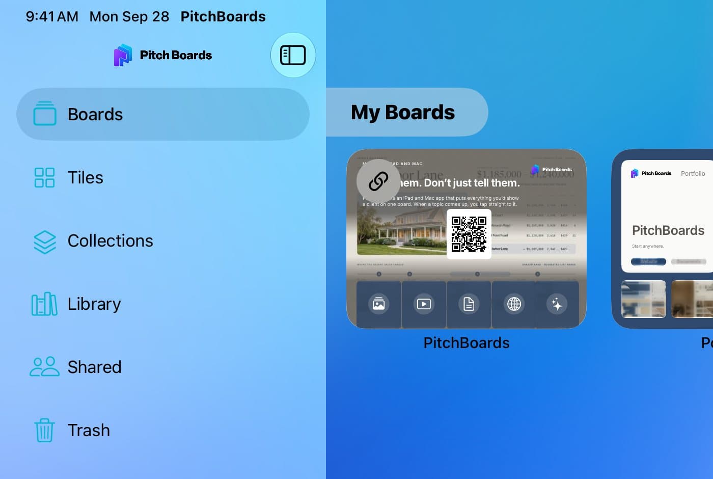 The sidebar with Boards, Tiles, Collections, Library, Shared, and Trash.