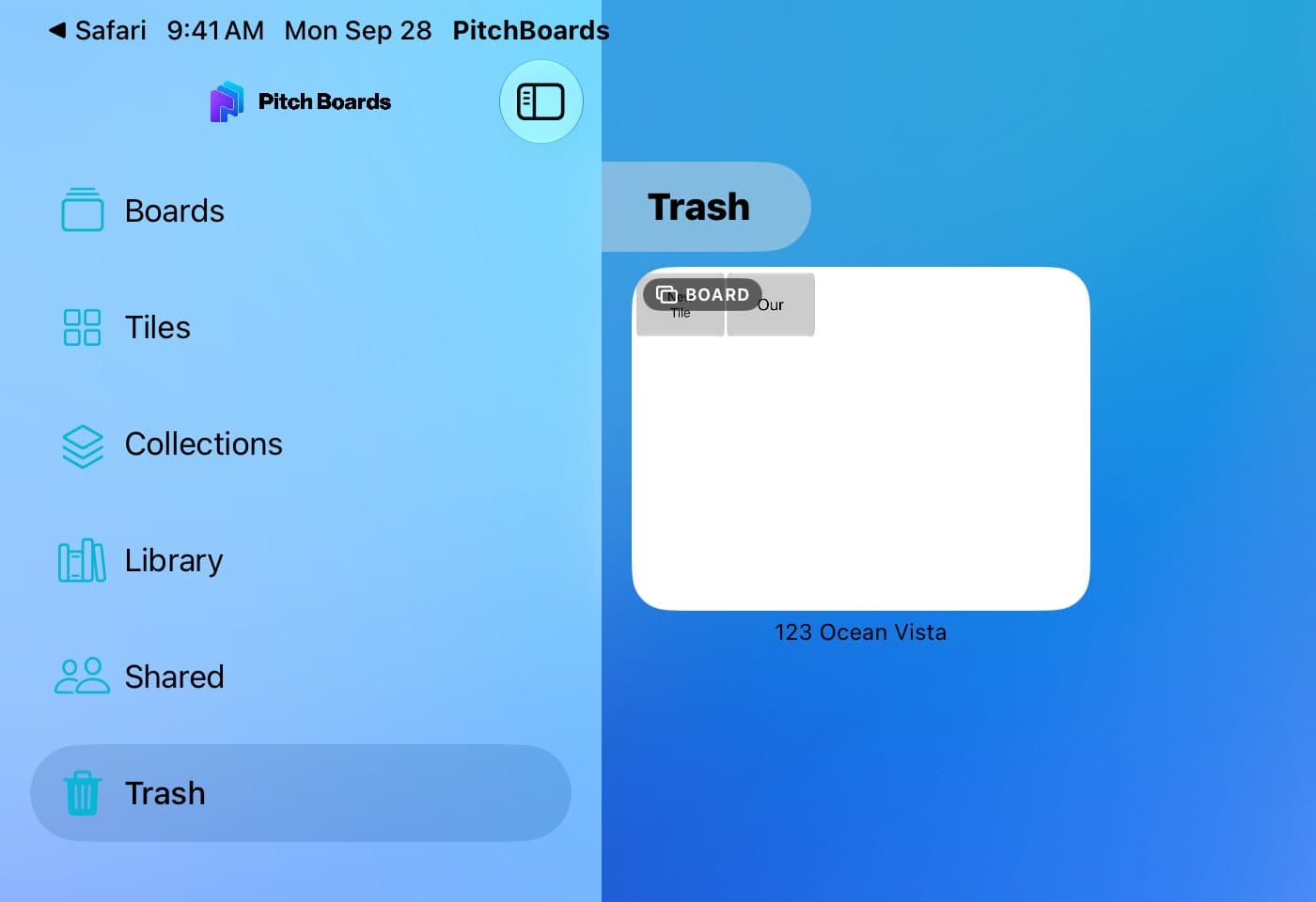 The sidebar with Trash selected, showing a deleted board.