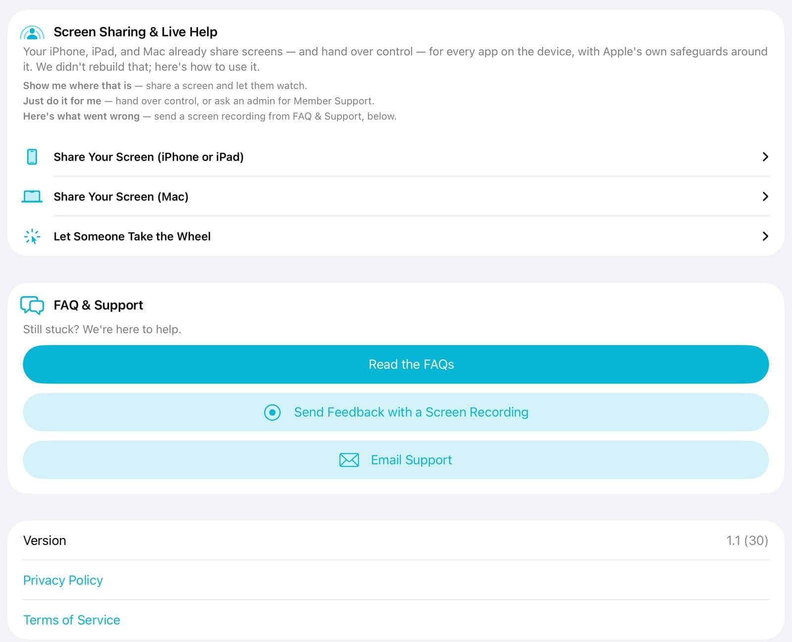 FAQ and Support with Read the FAQs, Send Feedback with a Screen Recording, and Email Support.