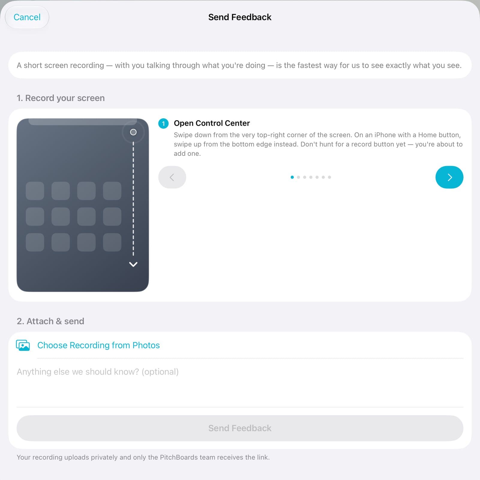 The Send Feedback sheet with recording steps and Choose Recording from Photos.