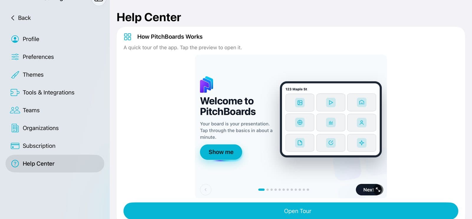 The Settings list with Help Center selected.