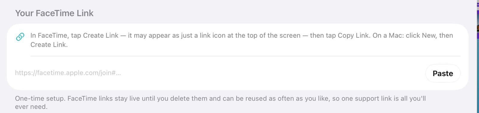Your FaceTime Link with a Paste button.