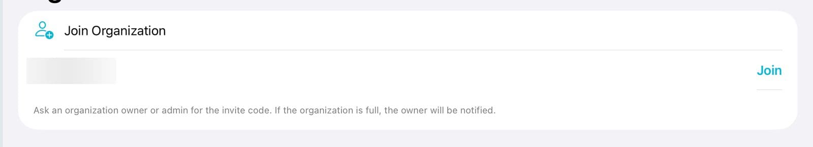 Join Organization with a code typed and the Join button.