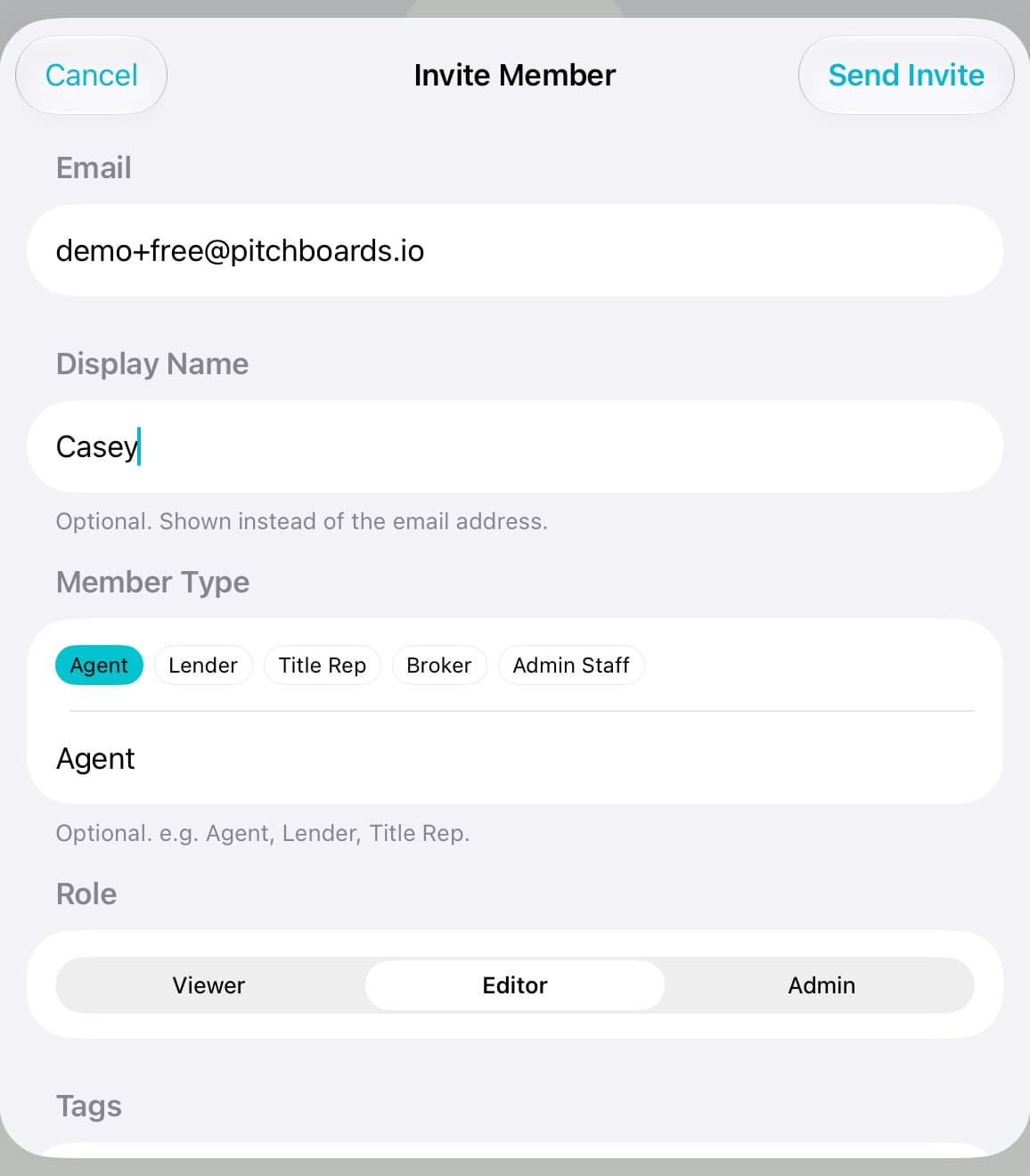 Invite Member with an email, the name Casey, and Agent picked.