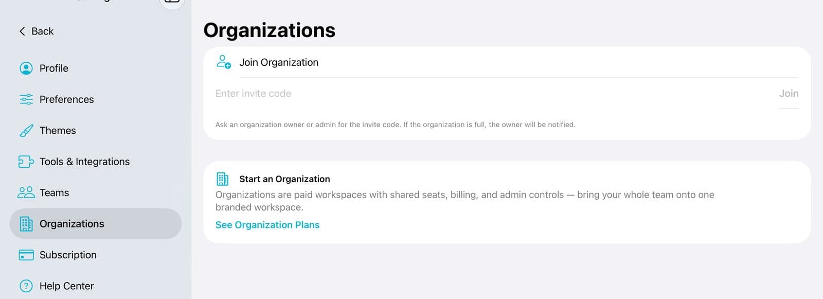 The Settings list with Organizations selected and the Join Organization box.