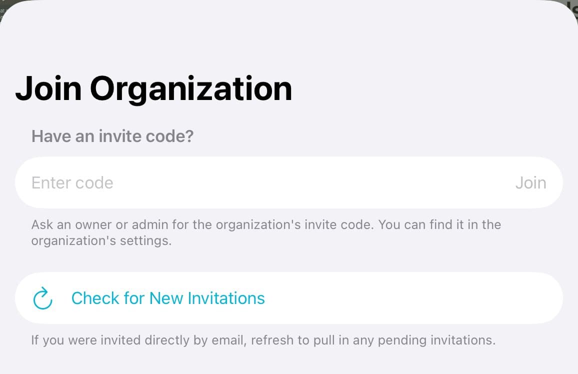 The Join Organization sheet with the Check for New Invitations button.