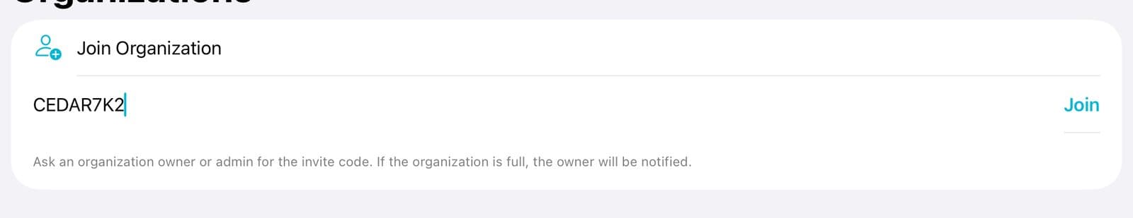 The invite code field with a code typed in and the Join button.