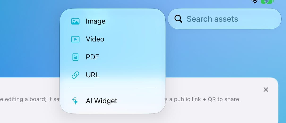 The + menu with Image, Video, PDF, URL, and AI Widget.
