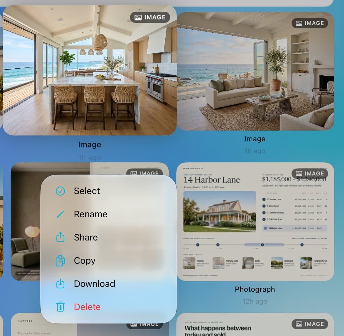 A photo's menu with Select, Rename, Share, Copy, Download, and Delete.