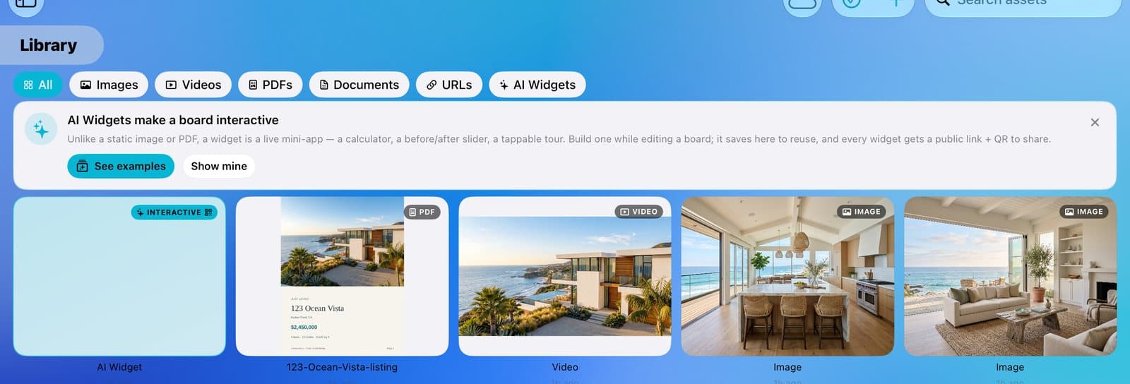 The Library with filter buttons and photos, a PDF, a video, and a widget.
