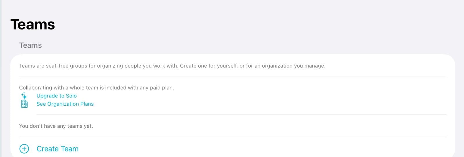 The Teams page with Create Team.