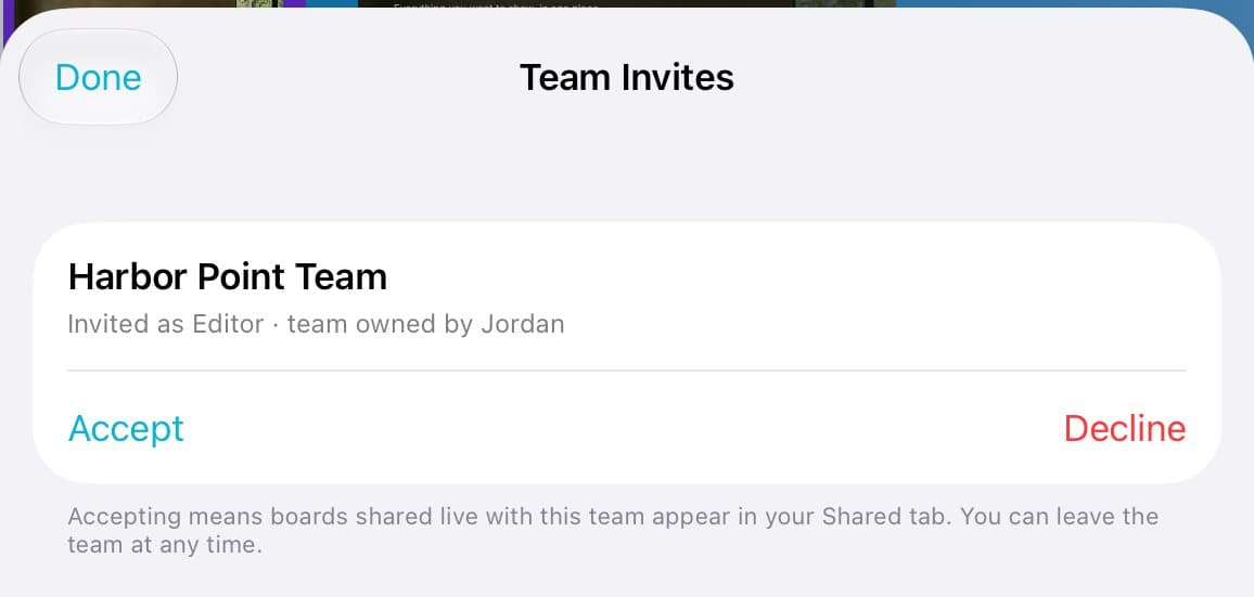 Team Invites with Harbor Point Team, Accept and Decline.