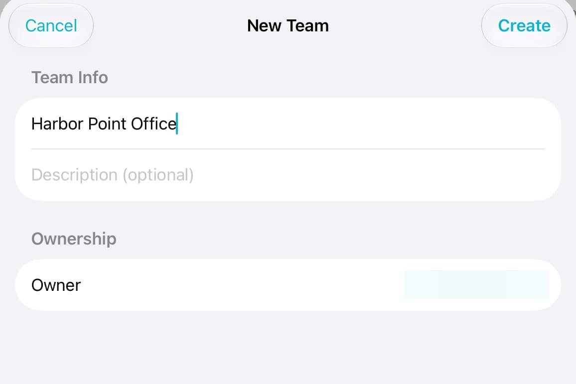 New Team named Harbor Point Office with the organization as owner.