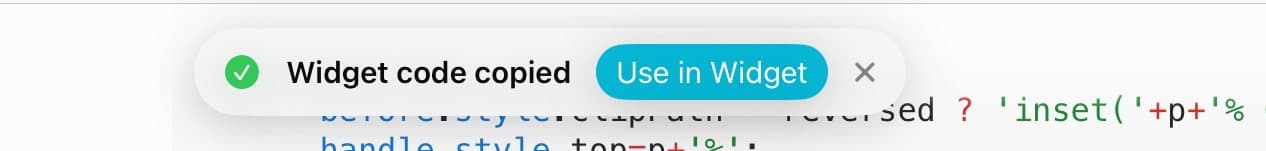 Widget code copied, with the Use in Widget button.