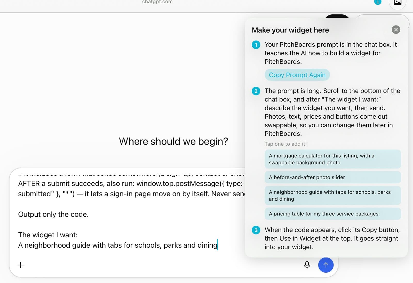 ChatGPT with the prompt ending The widget I want: A neighborhood guide…, and idea buttons.