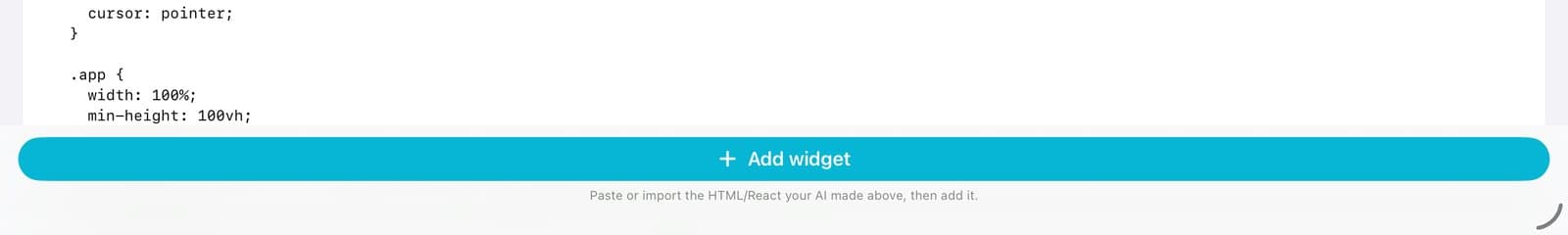The pasted code above the Add widget button.