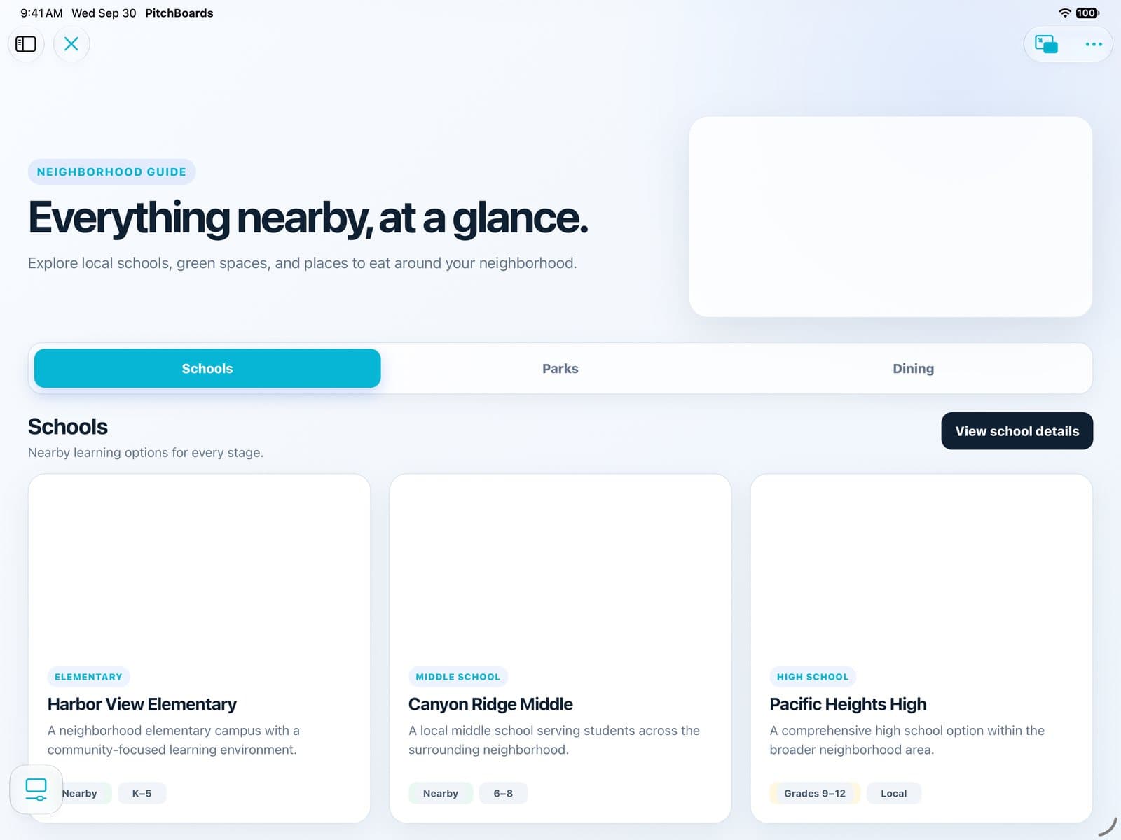 A neighborhood guide widget with Schools, Parks, and Dining tabs.