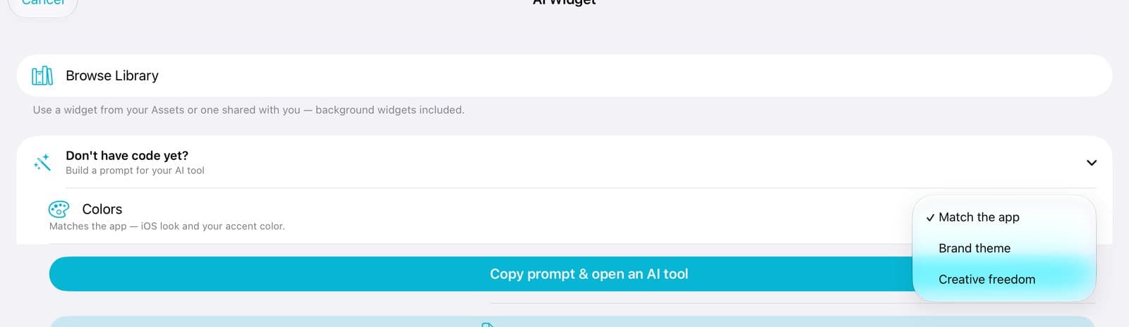 Don't have code yet, with the Colors menu: Match the app, Brand theme, Creative freedom.