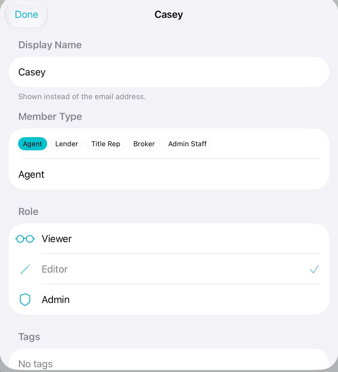 A member's sheet with Role set to Editor and Viewer, Editor, Admin to pick from.