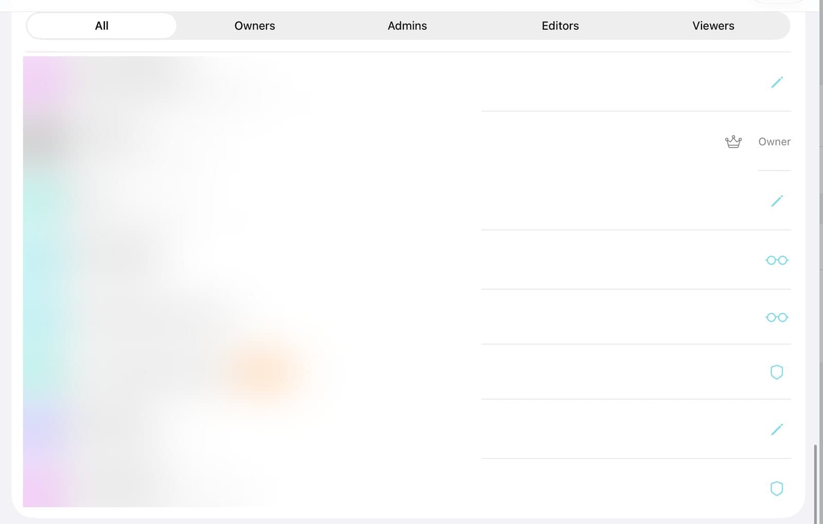 The member list with All, Owners, Admins, Editors, and Viewers at the top. Names are blurred.