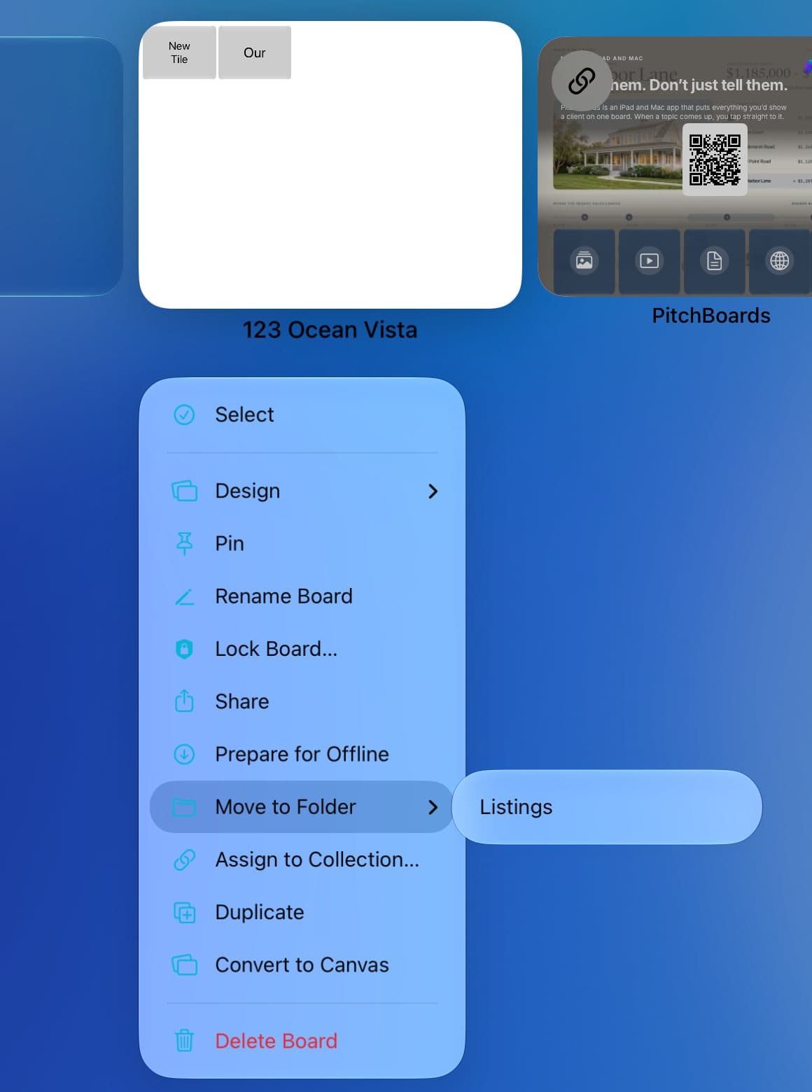 A board's menu with Move to Folder open, showing the Listings folder.