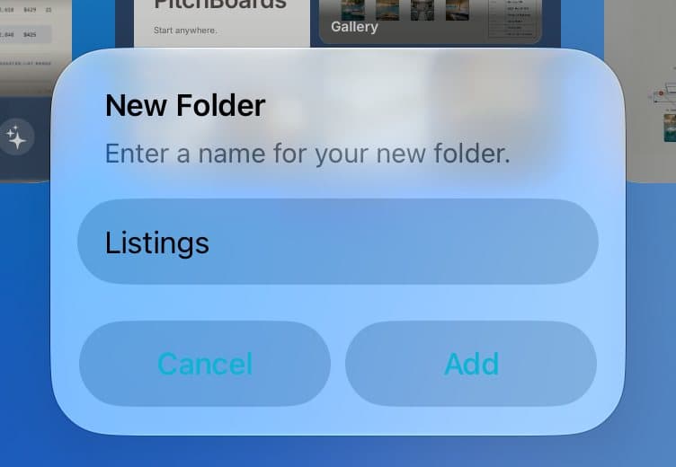 The New Folder box with Listings typed in.