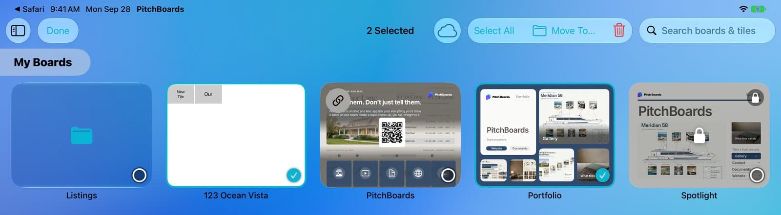 Select mode with two boards checked and the Move To button.