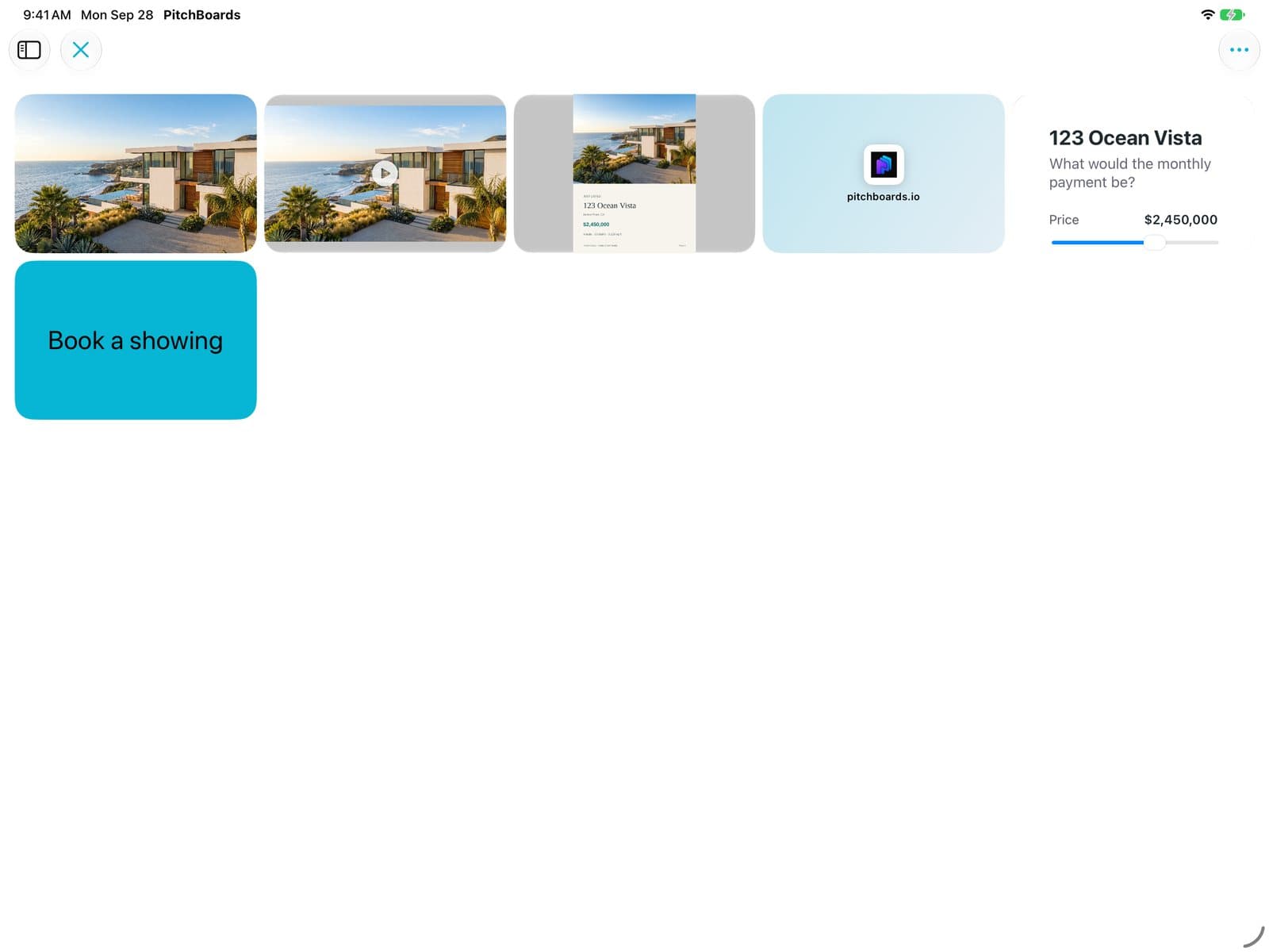 A board with photo, video, PDF, website, and widget tiles.