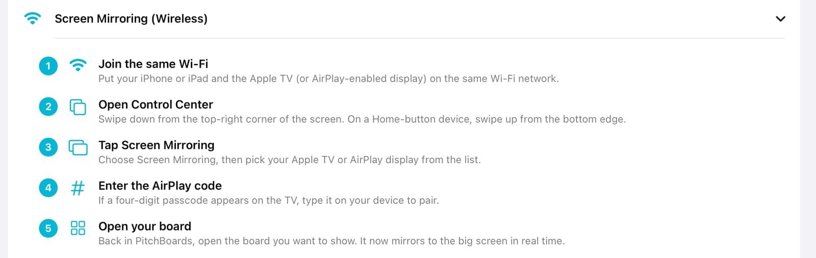 The five Screen Mirroring steps.