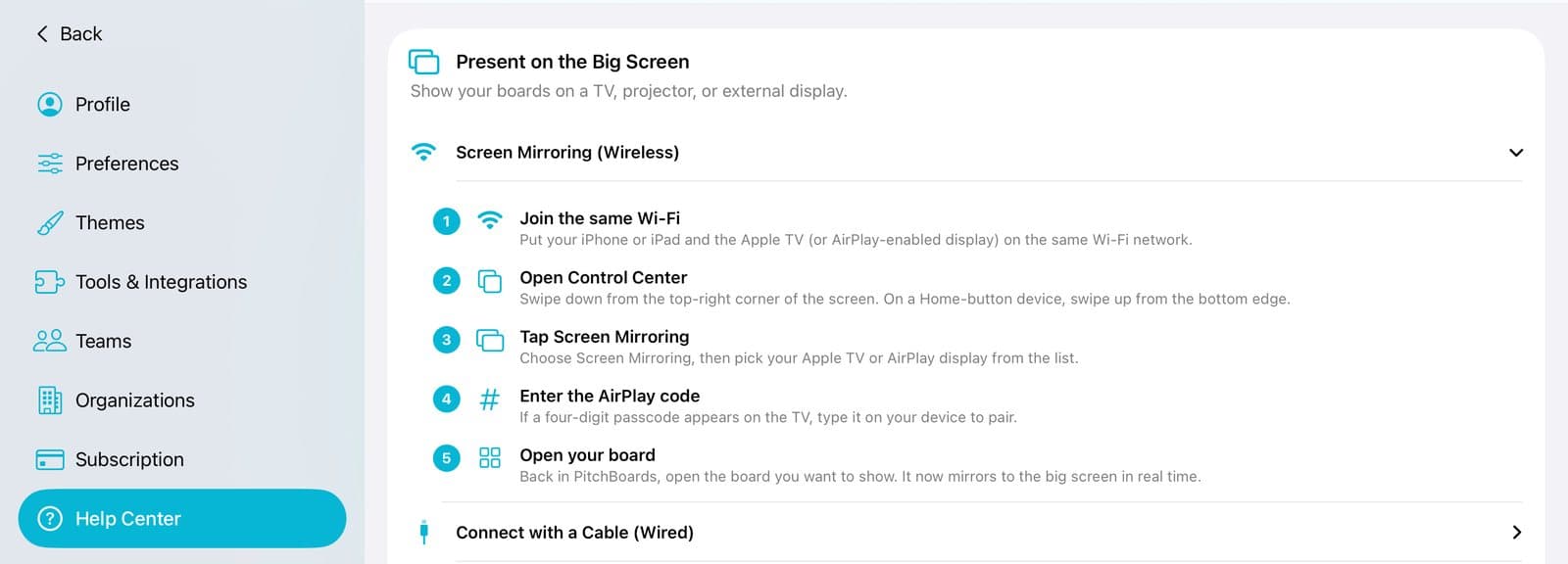 Help Center open at Present on the Big Screen.