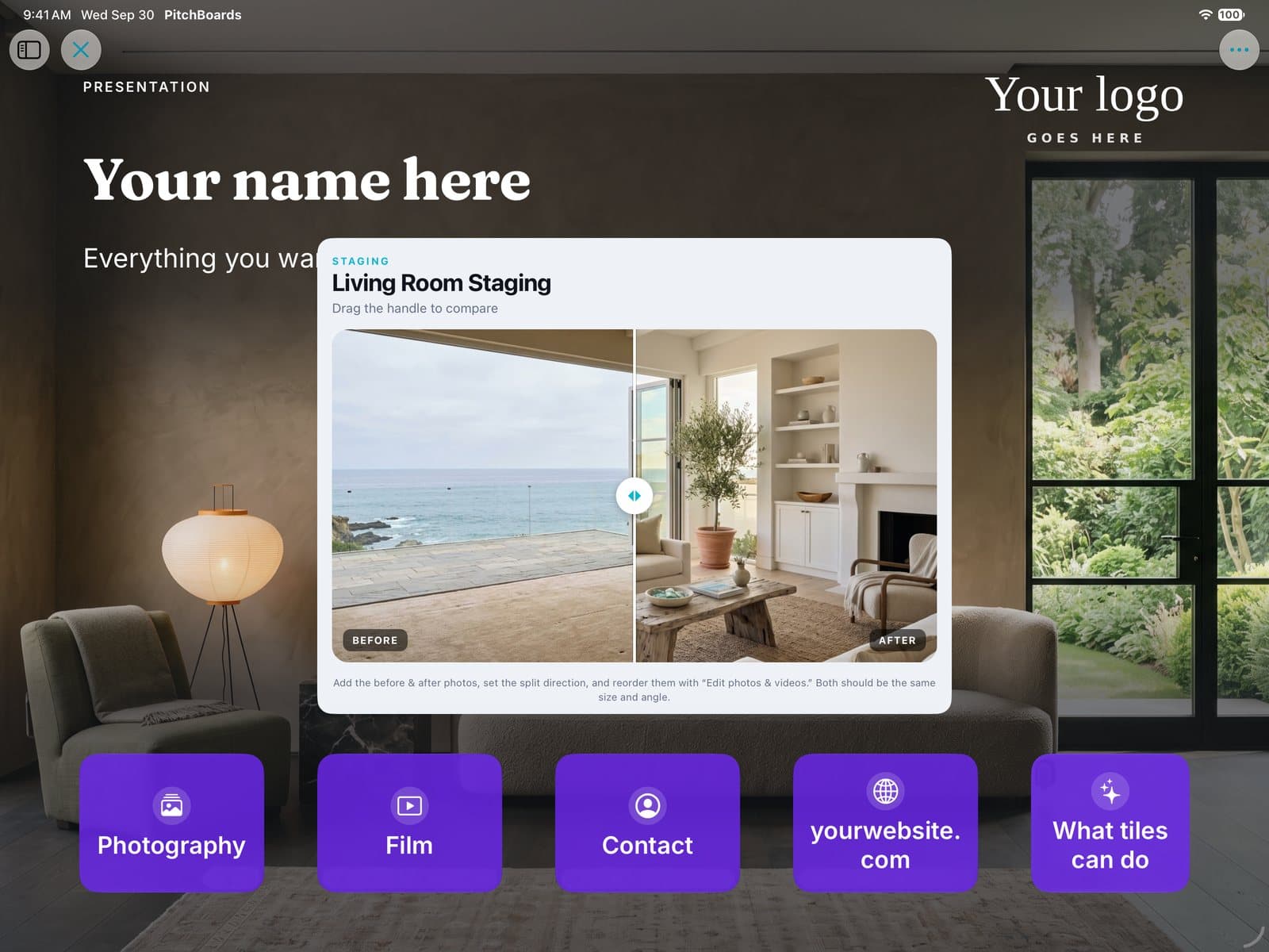 The canvas in present mode with the before-and-after widget in the middle.