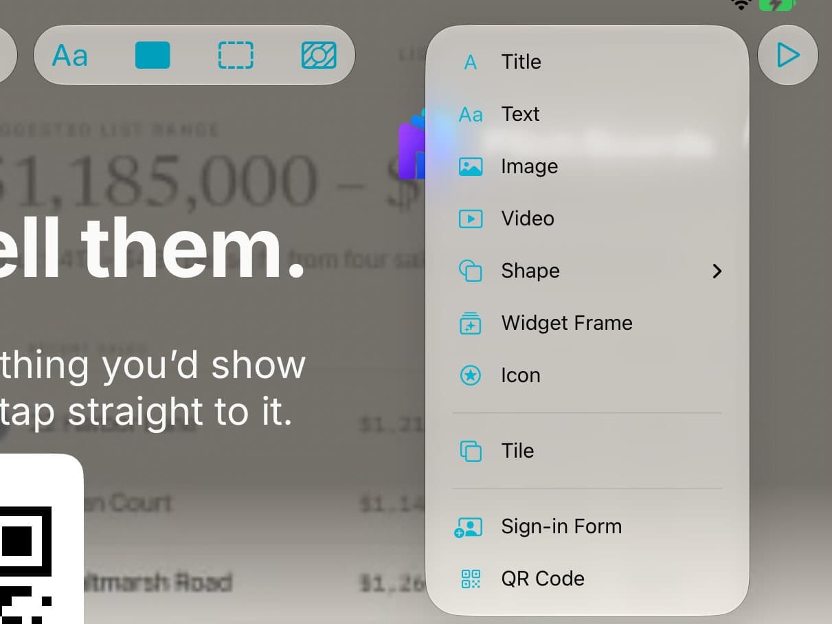 The canvas Add menu with Widget Frame.