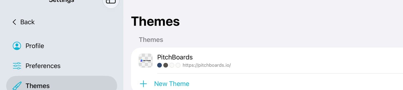 The Themes page with one theme, PitchBoards.