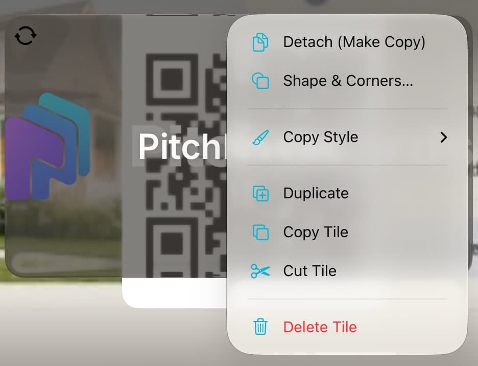 A linked tile's menu with Detach (Make Copy) at the top.