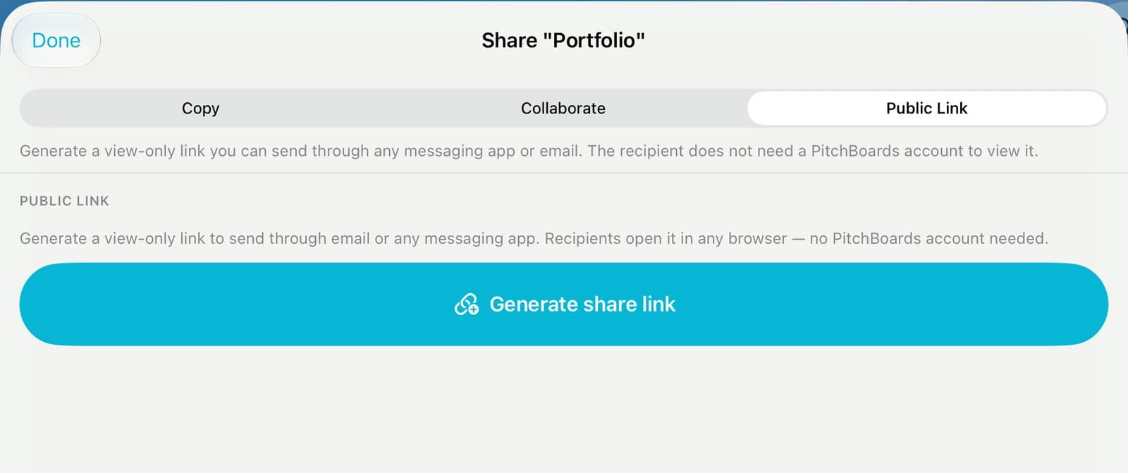The Share sheet on the Public Link tab with the Generate share link button.