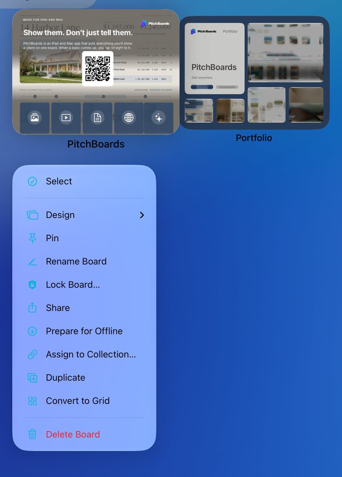 A board's menu with Share.