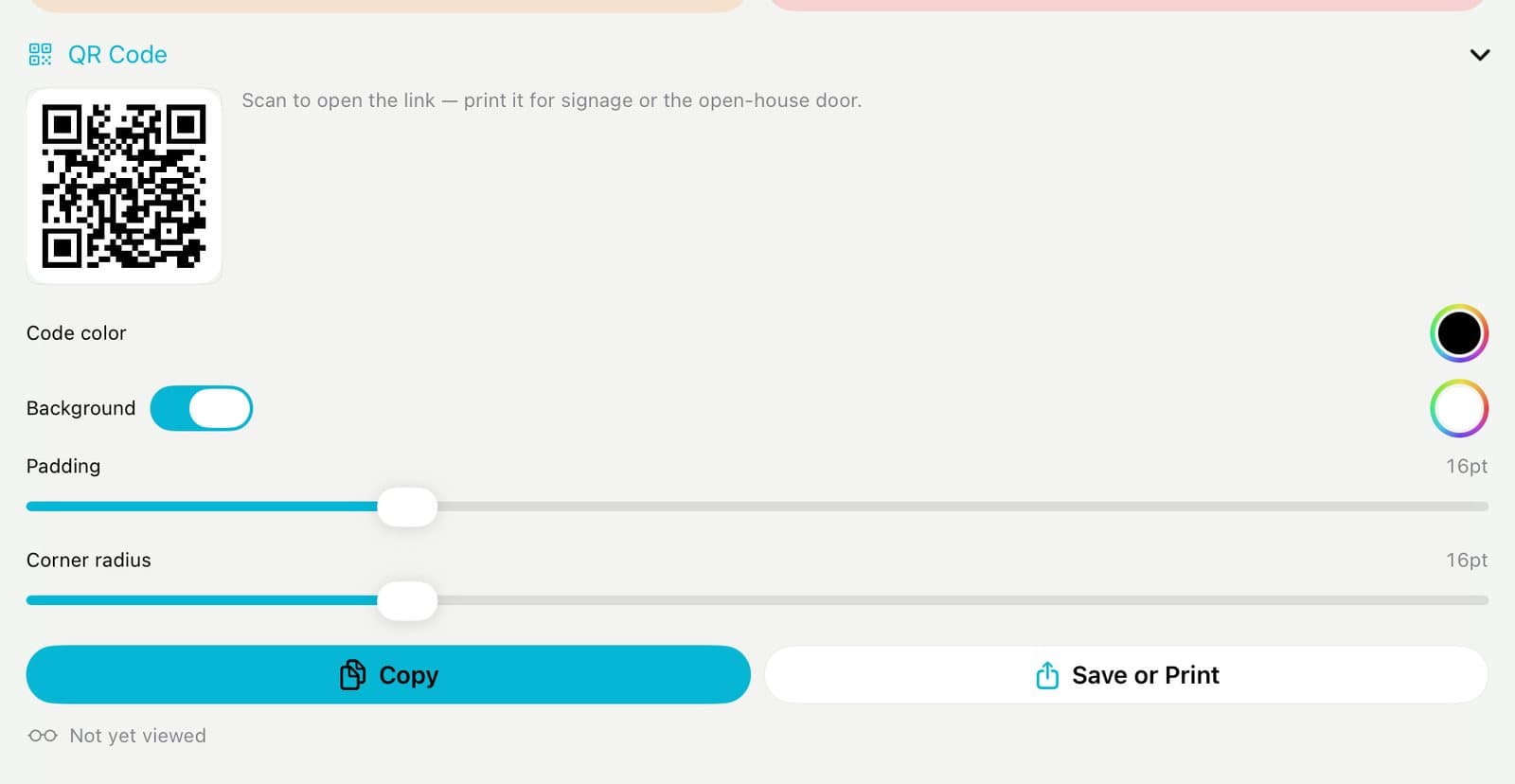 The QR code for the link with Copy and Save or Print buttons.
