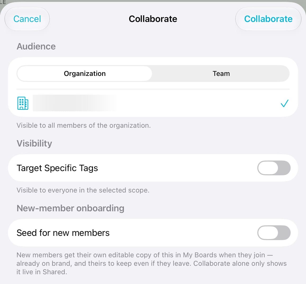 The Collaborate sheet with Organization picked. The name is blurred.