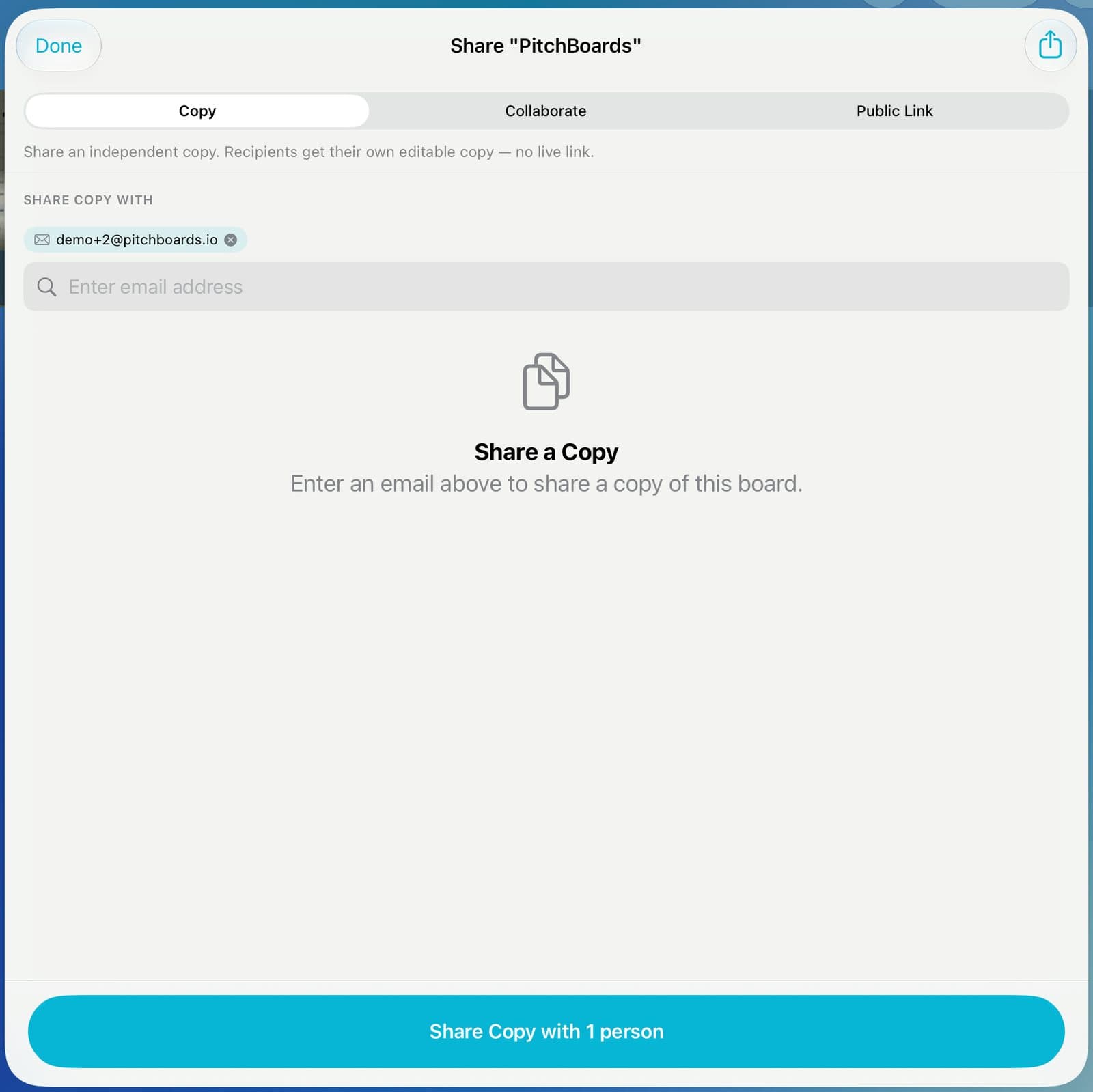 The Share sheet with one person added and the Share Copy button.