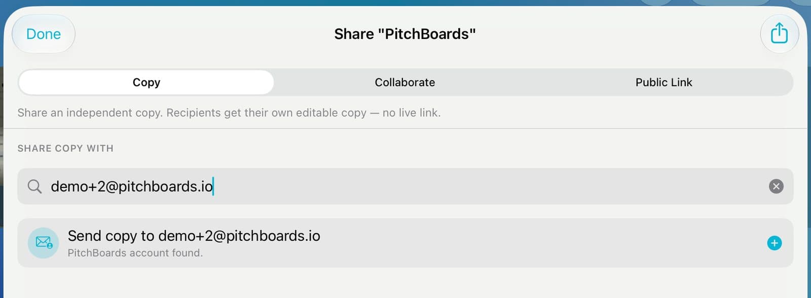 The Copy tab with an email typed and PitchBoards account found.