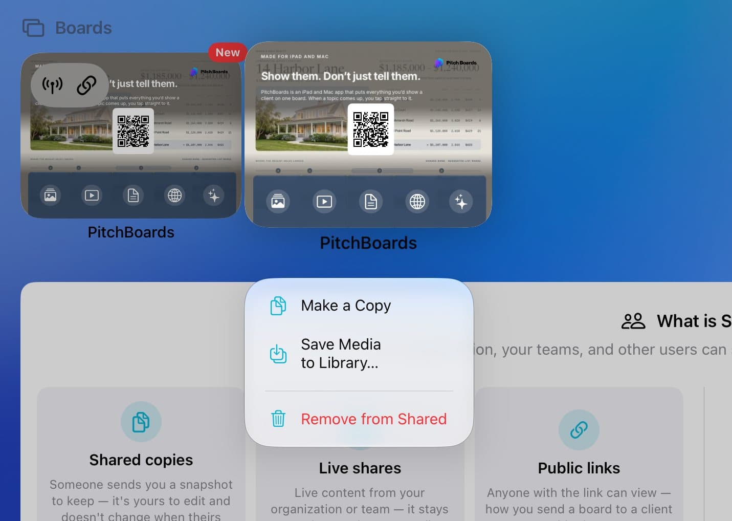 A shared board's menu with Make a Copy, Save Media to Library, and Remove from Shared.