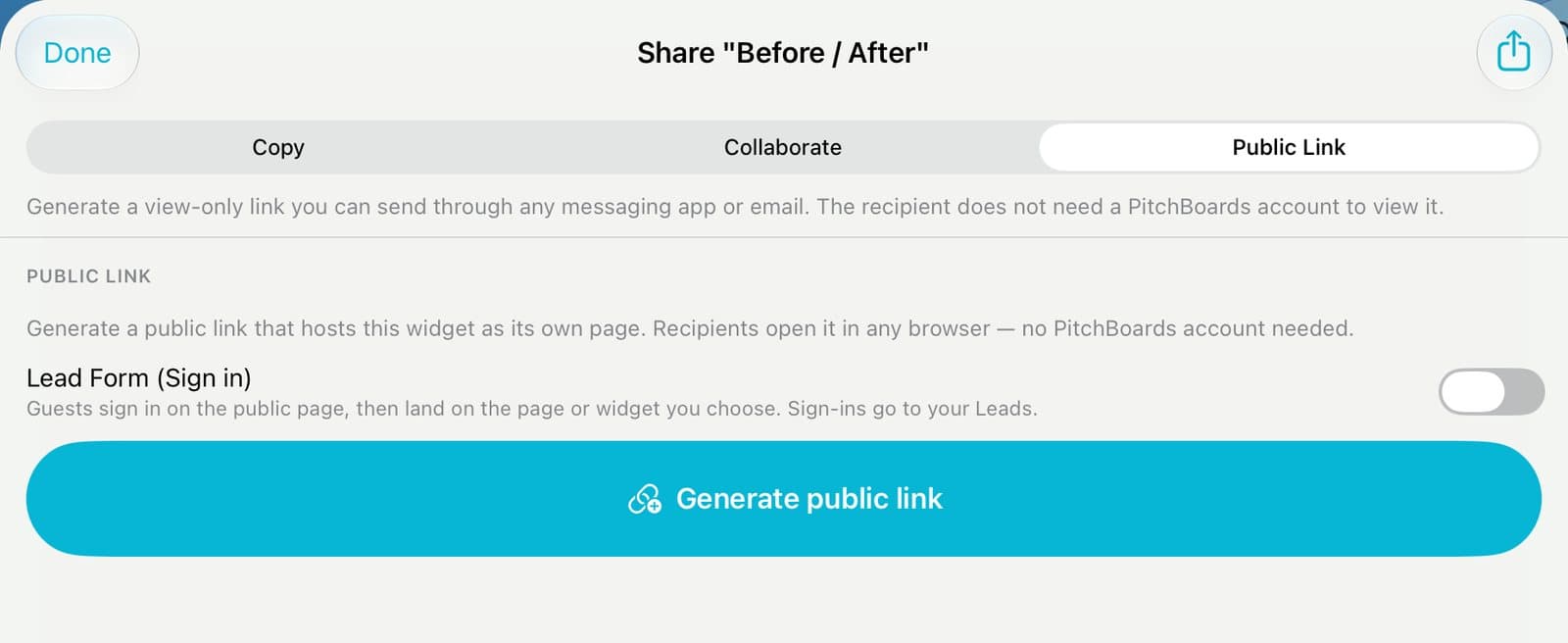 The Public Link tab with Generate public link.