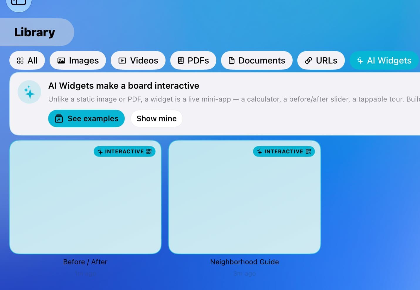 The Library filtered to AI Widgets, with two widgets.