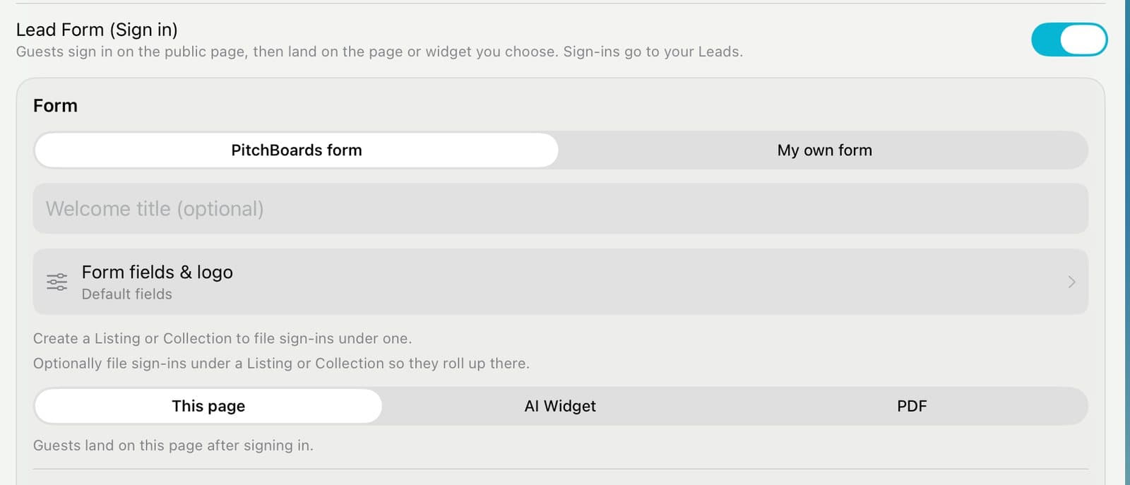 Lead Form (Sign in) switched on with form options.