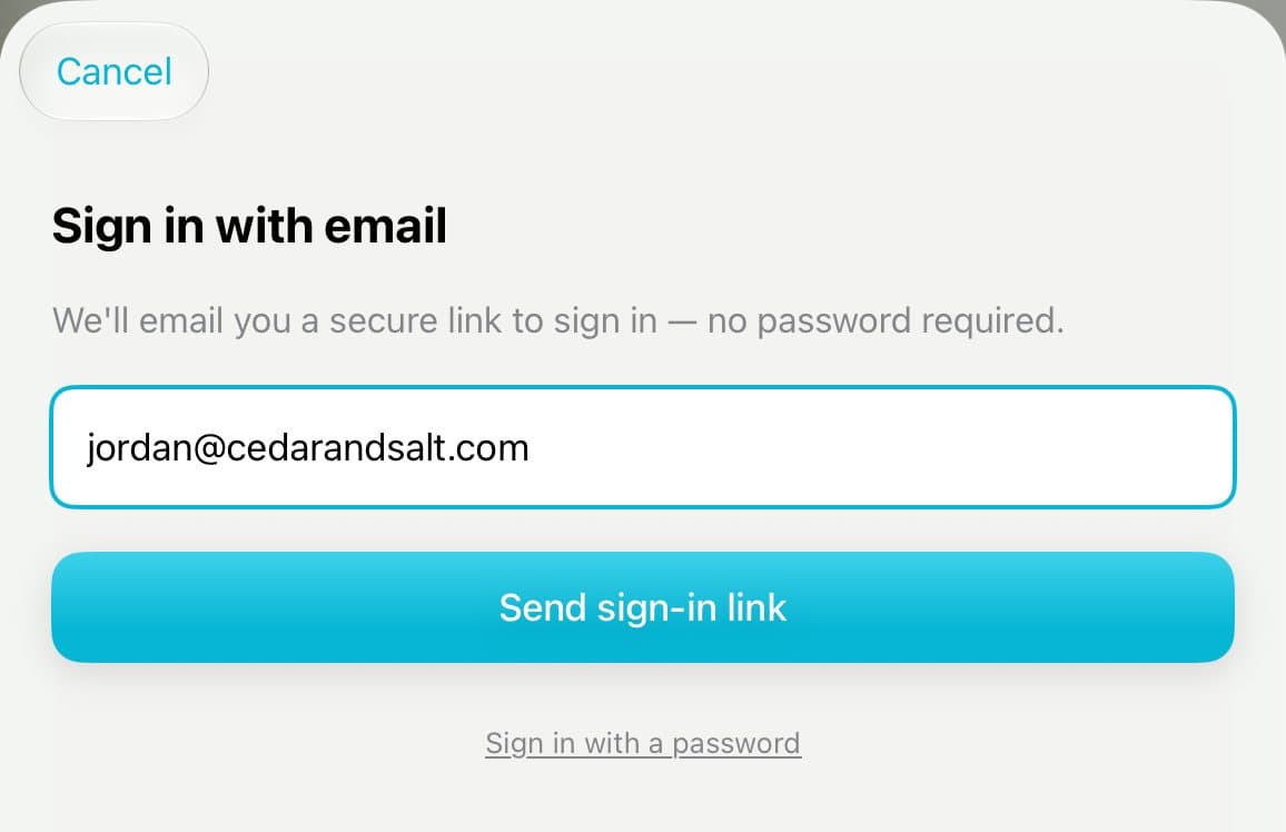 The Sign in with email sheet with an email typed in and the Send sign-in link button.